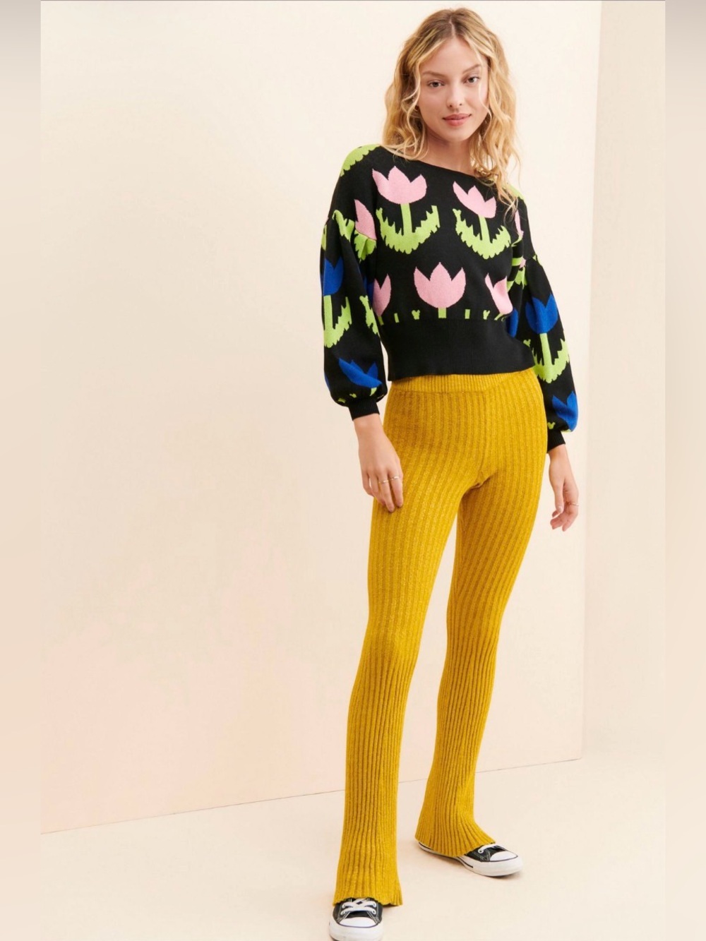 Pastiche Free People Floral Knit Sweater Size S Black Pink Blue Crop Top - Picture 4 of 7